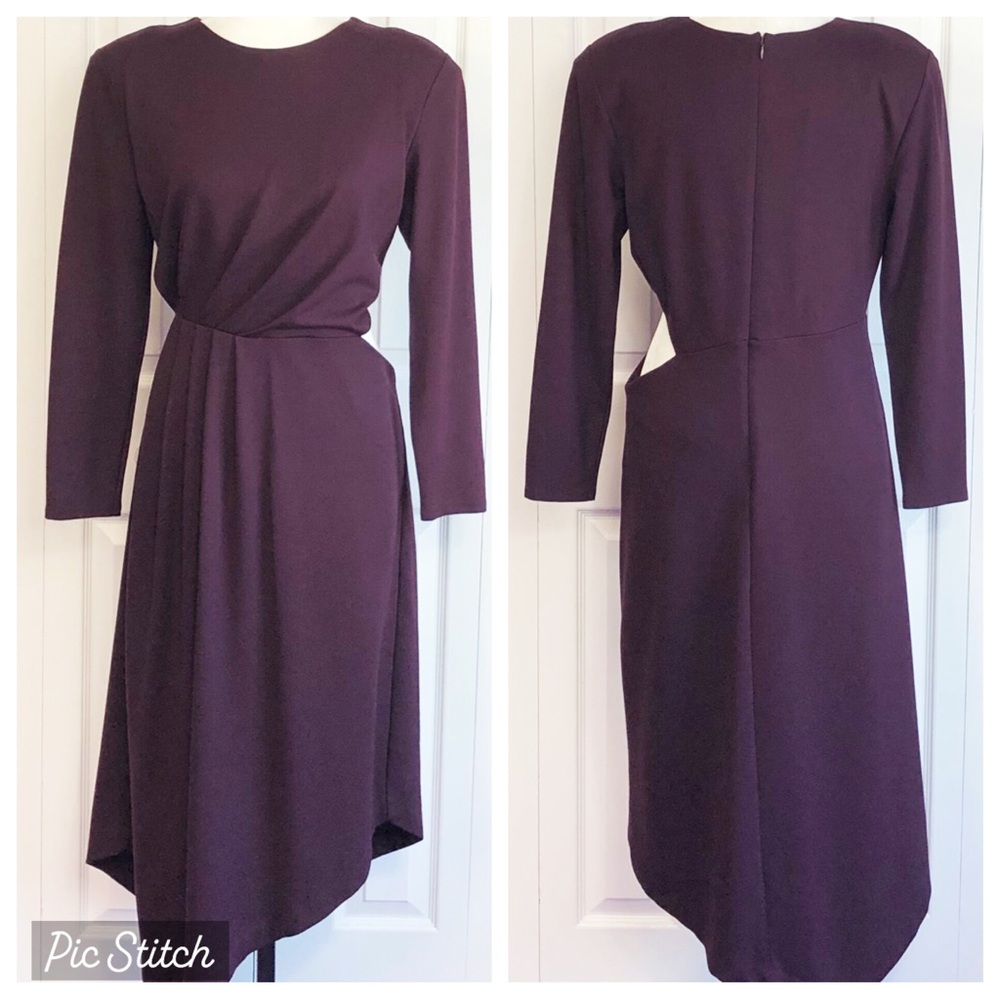 Express Purple Long Sleeve Pleated Cutout Asymmetric Midi Dress Large